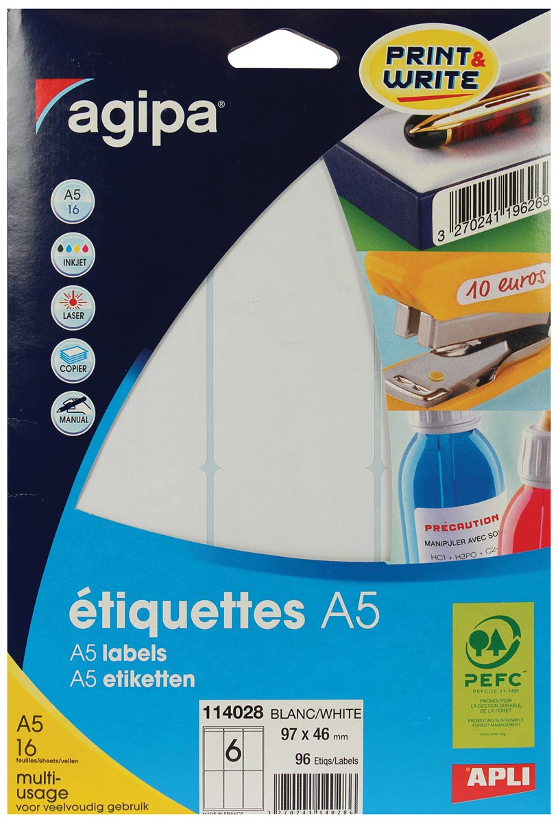 Agipa étiquettes blanches Print & Write ft 97 x 46 mm (l x h), 96 pièces, 6 par feuille