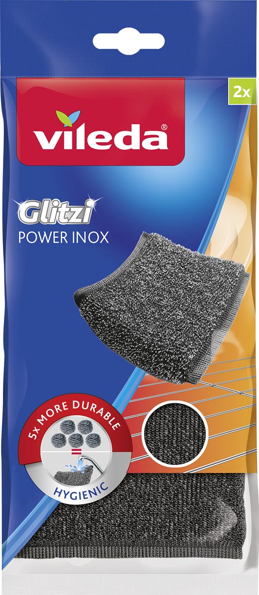 Vileda Glitzi Power inox schuurspons, ft 10 x 10 x 1,2 cm, pak van 2 stuks afbeelding