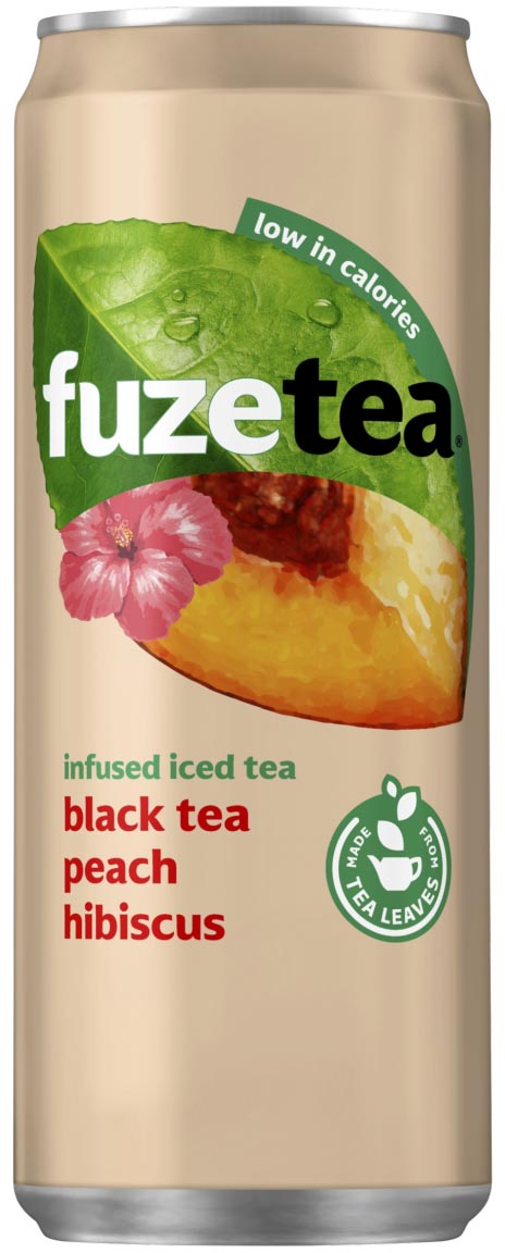 Fuze Tea frisdrank, niet-bruisend, sleek blik van 33 cl, pak van 24 stuks, perzik hibiscus afbeelding