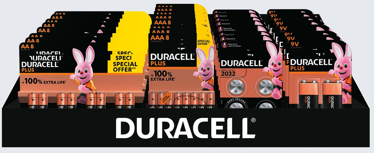 Duracell batterijen, Plus 100 % AA, AAA en 9V en CR2032, display van 41 stuks Duracell batterijen, Plus 100 % AA, AAA en 9V en CR2032, display van 41 stuks
