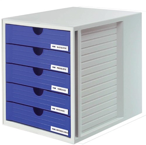 Han ladenblok met gesloten laden, blauw