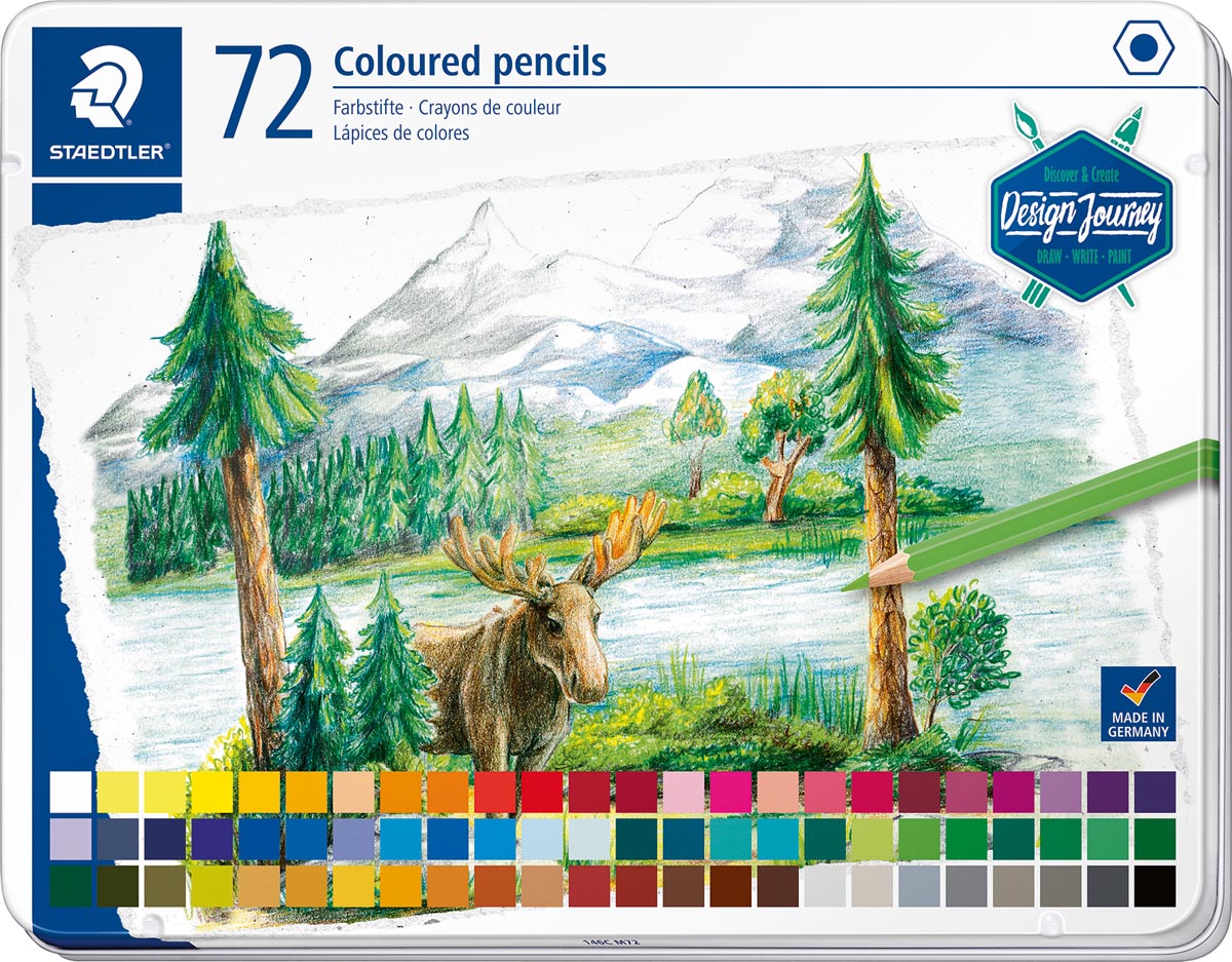 Staedtler zeskantige vorm kleurpotloden, metalen etui, 72 kleuren