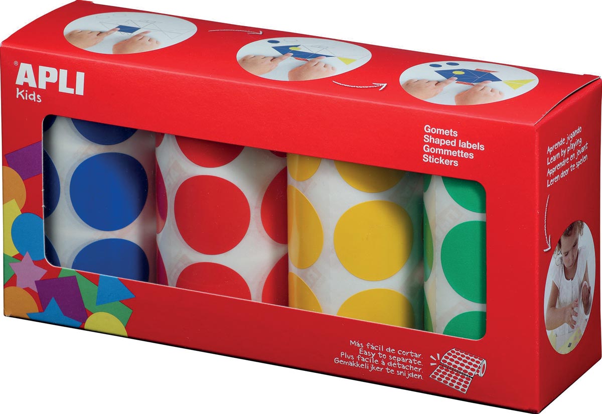 Apli Kids stickers XL cirkels, diameter 33 mm, doos met 4 rollen in 4 kleuren afbeelding