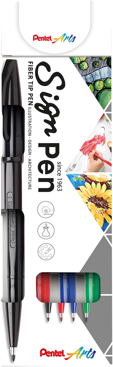 Pentel Sign Pen S520, blister van 4 stuks in geassorteerde kleuren afbeelding