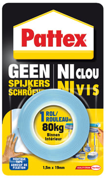 Pattex montagetape Geen Spijkers & Schroeven, ft 1,5 m x 19 mm, draagt tot 80 kg, blisterverpakking Pattex montagetape Geen Spijkers & Schroeven, ft 1,5 m x 19 mm, draagt tot 80 kg, blisterverpakking