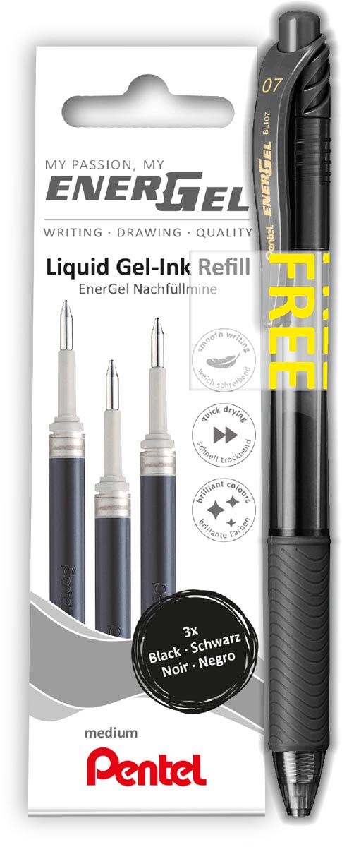 Pentel vulling Energel, 0,7 mm, zwart, 3 stuks + roller (GRATIS) afbeelding