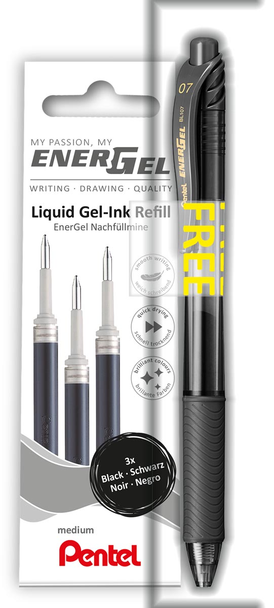 Pentel vulling Energel, 0,7 mm, zwart, 3 stuks + roller