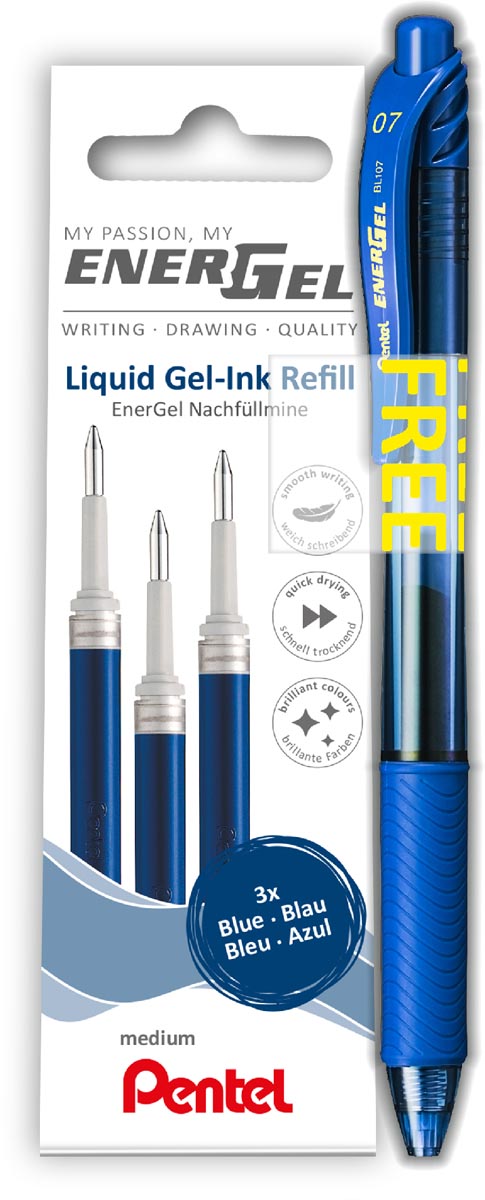 Pentel vulling Energel, 0,7 mm, blauw, 3 stuks + roller (GRATIS) afbeelding