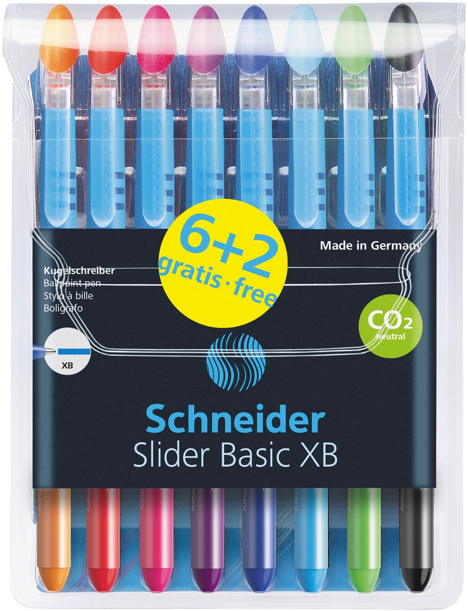 Schneider Balpen Slider Basic XB, etui van 8 stuks (6+2 gratis) in geassorteerde kleuren Schneider Balpen Slider Basic XB, etui van 8 stuks (6+2 gratis) in geassorteerde kleuren