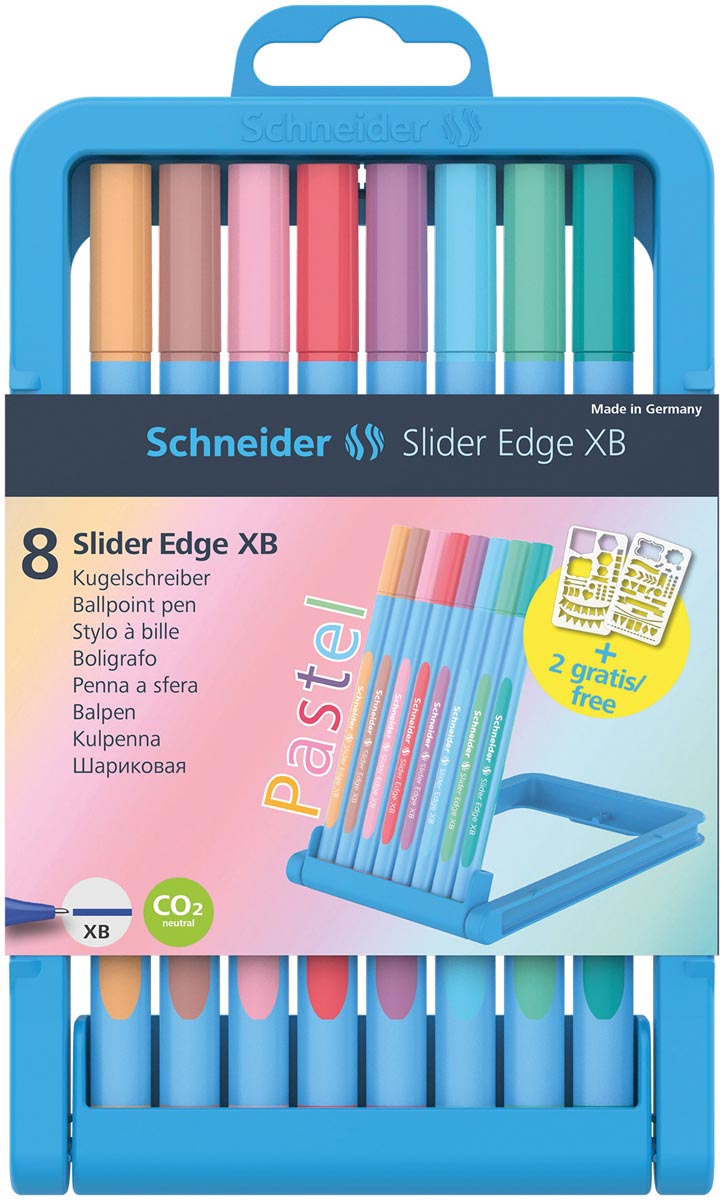 Schneider Balpen Slider Edge XB, opstelbare box met 8 stuks in geassorteerde pastelkleuren
