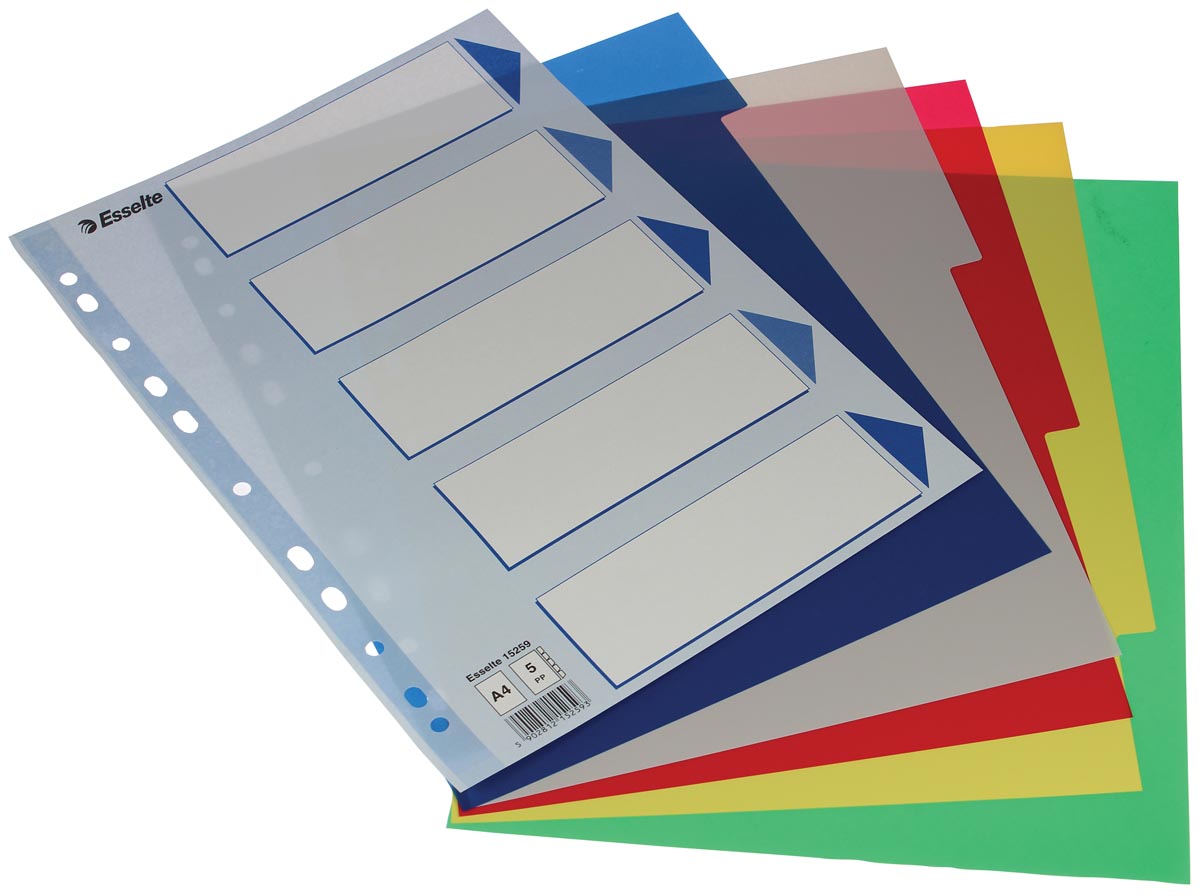 Intercalaires A4 Esselte - 5 Onglets Renforcés Plastique | Multicolores Avec Table Des Matières Pour Classeurs