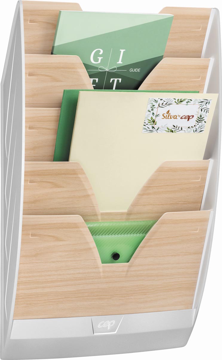 CEP wandfolderhouder met 5 compartimenten, grijs met houtmotief CEP wandfolderhouder met 5 compartimenten, grijs met houtmotief