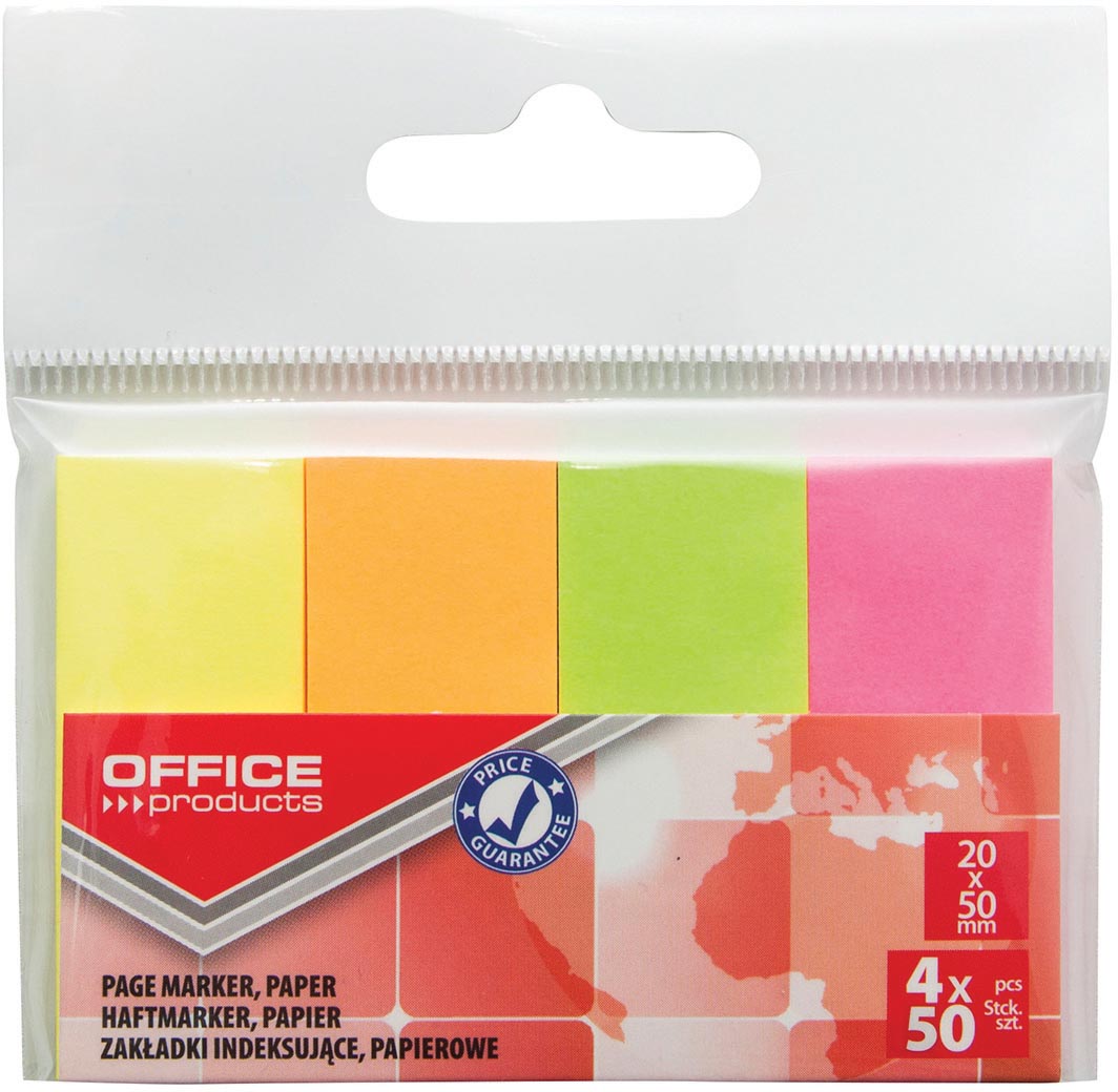 OFFICE products index, 20 x 50 mm, ophangzakje van 4 x 50 tabs, geassorteerde neonkleuren