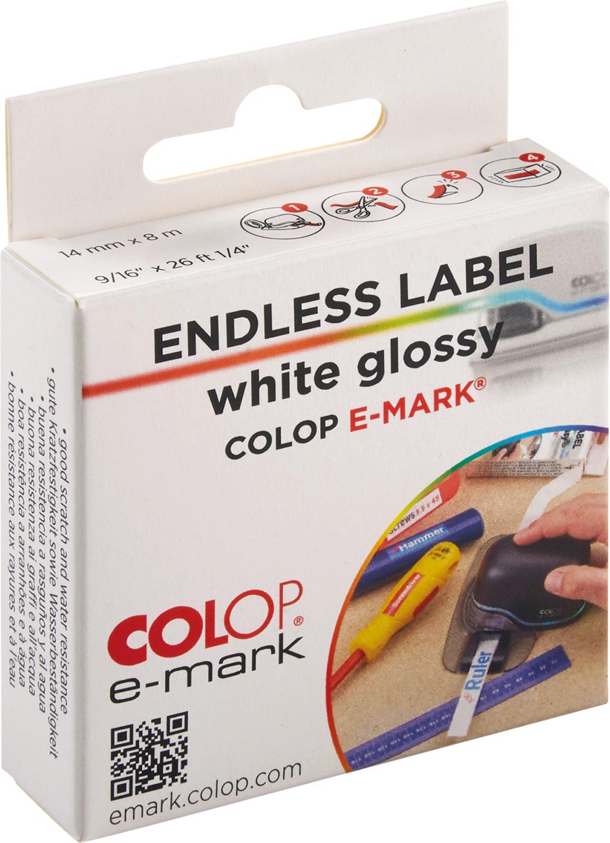 Colop doorlopende labelrol voor e-Mark, ft 14 mm x 8 m, glossy wit Colop doorlopende labelrol voor e-Mark, ft 14 mm x 8 m, glossy wit