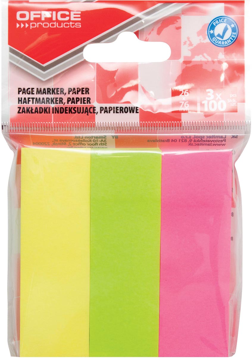 OFFICE products index, 26 x 76 mm, ophangzakje van 3 x 100 tabs, geassorteerde kleuren