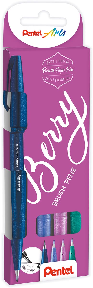 Pentel brushpen Sign Pen Brush Touch, kartonnen etui met 4 stuks donkerblauw, paars, rose en turquoise