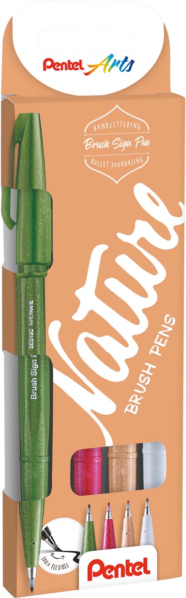 Pentel brushpen Sign Pen Brush Touch, kartonnen etui met 4 stuks groen, bordeaux, beige en lichtgrijs