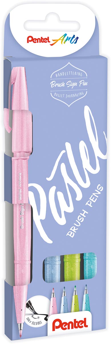 Pentel brushpen Sign Pen Brush Touch, kartonnen etui met 4 pastelkleuren roze, grijs, groen en blauw