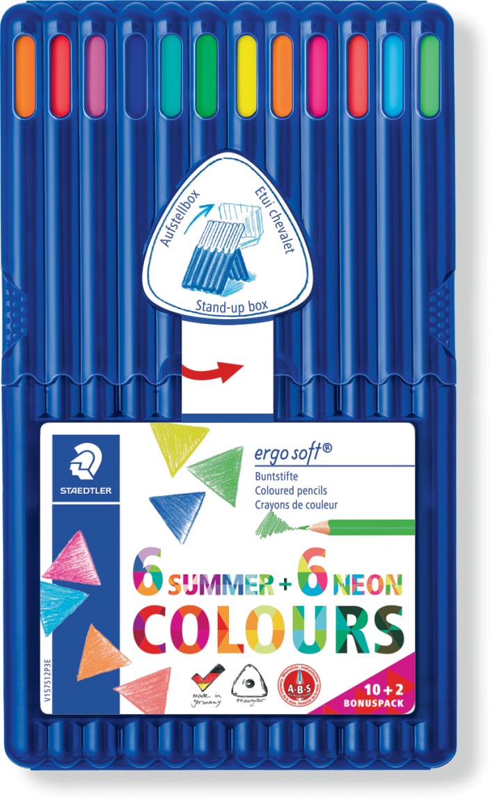 Staedtler kleurpotlood Ergosoft 157, driekantig, etui van 12 stuks in geassorteerde kleuren