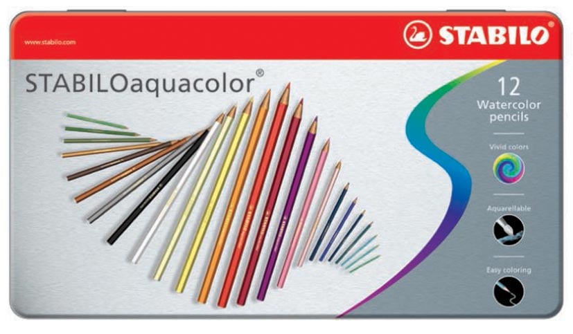 STABILOaquacolor kleurpotlood, metalen doos van 12 stuks in geassorteerde kleuren afbeelding
