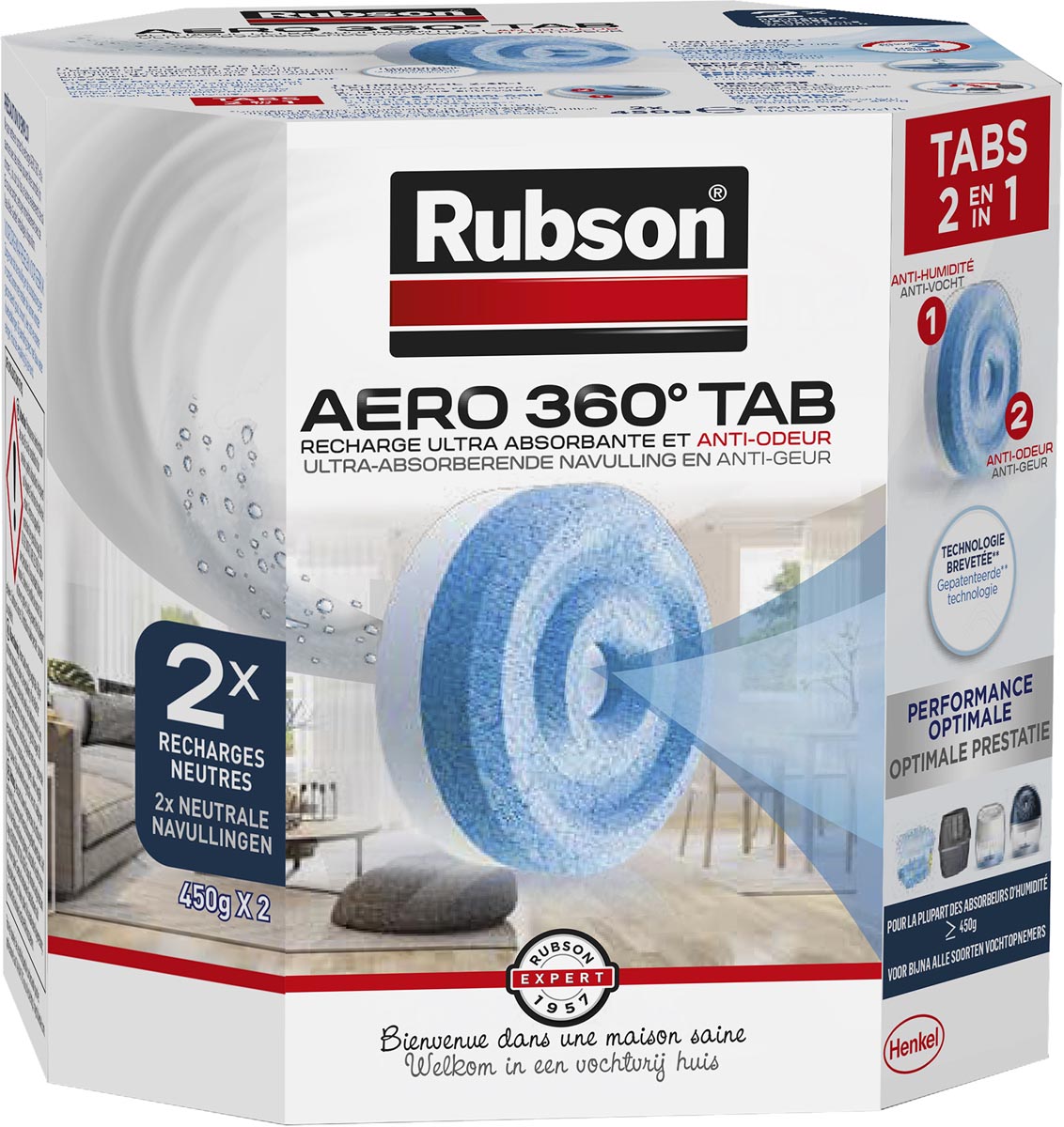 Rubson navulling voor ontvochtiger AERO 360, doos van 2 tabs van 450 gram, neutraal