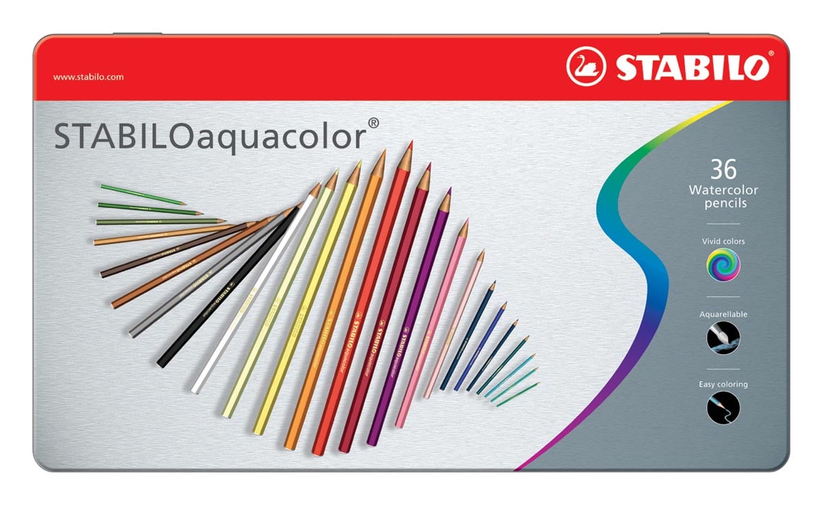STABILOaquacolor kleurpotlood, metalen doos van 36 stuks in geassorteerde kleuren afbeelding