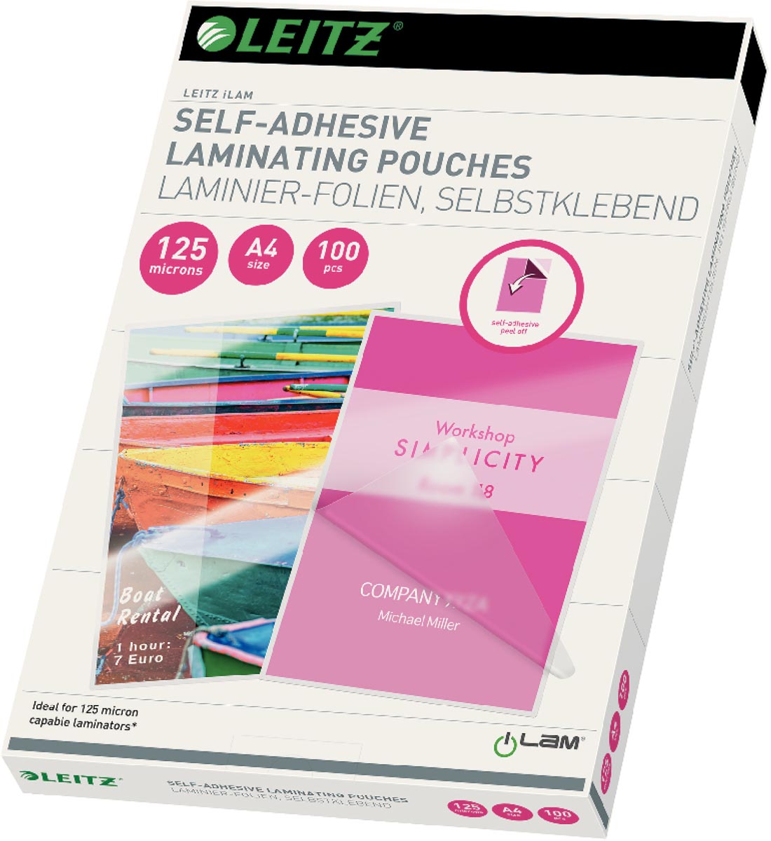 Leitz iLAM lamineerhoes ft A4, 250 micron (2 x 125 micron), zelfklevend, pak van 100 stuks afbeelding