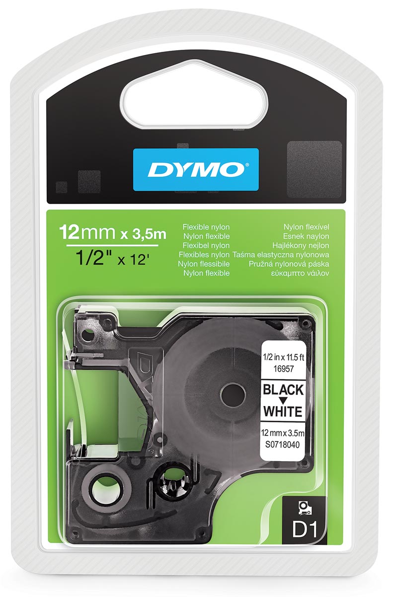 Dymo D1 flexibele nylontape 12 mm, zwart op wit Dymo D1 flexibele nylontape 12 mm, zwart op wit