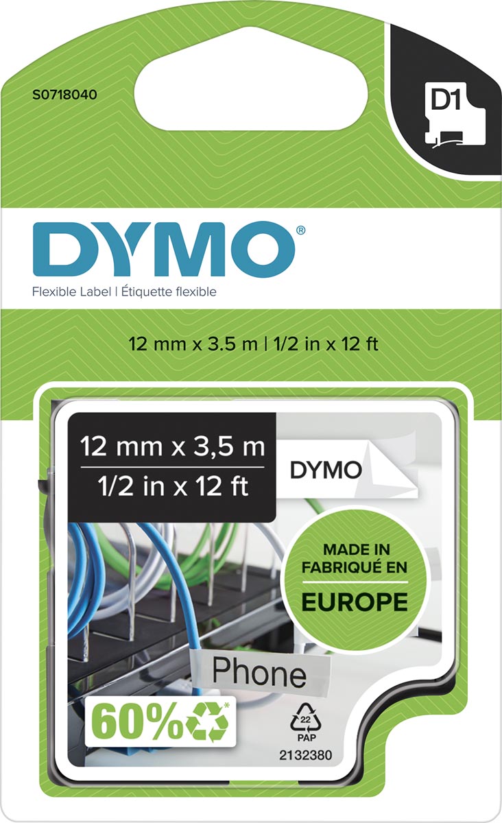 Dymo D1 flexibele nylontape 12 mm, zwart op wit afbeelding