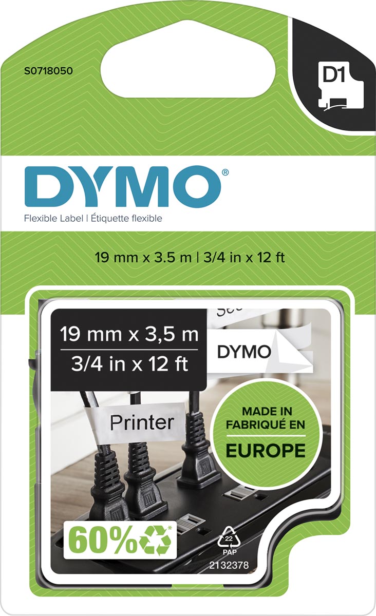 Dymo D1 flexibele nylontape 19 mm, zwart op wit afbeelding