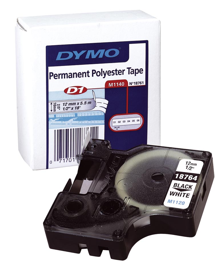 Dymo D1 permanente polyestertape 12 mm, zwart op wit
