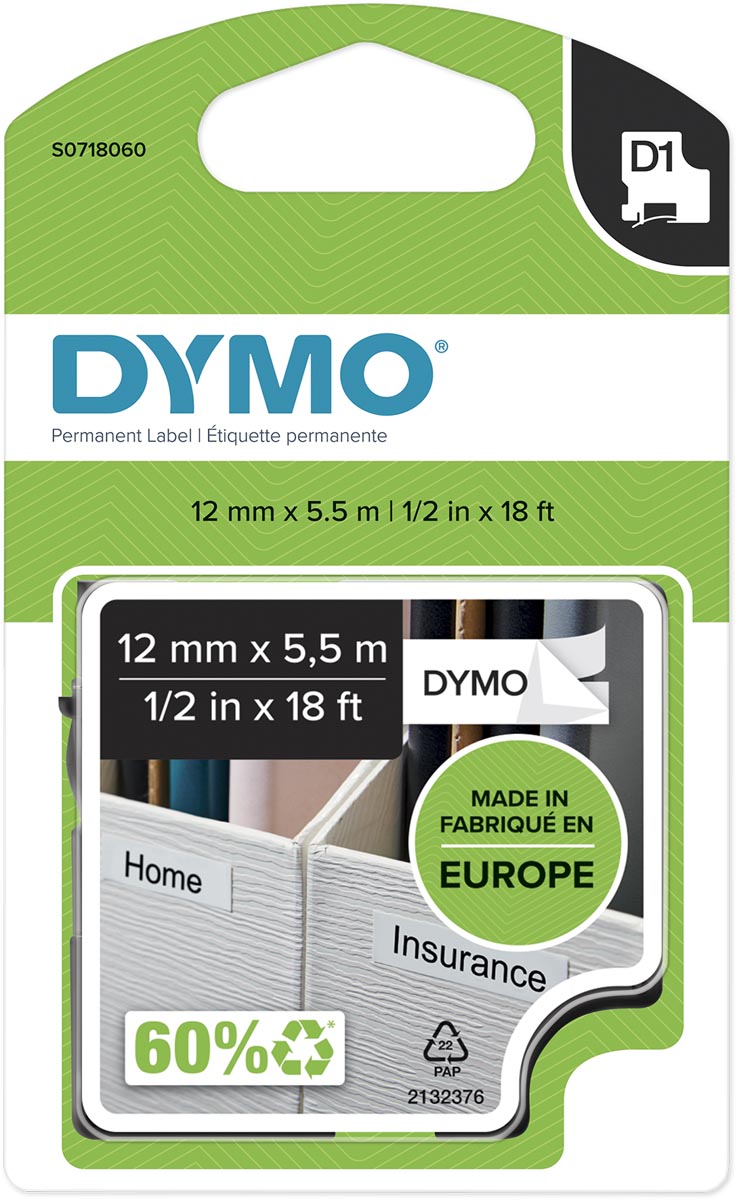 Dymo D1 permanente polyestertape 12 mm, zwart op wit afbeelding