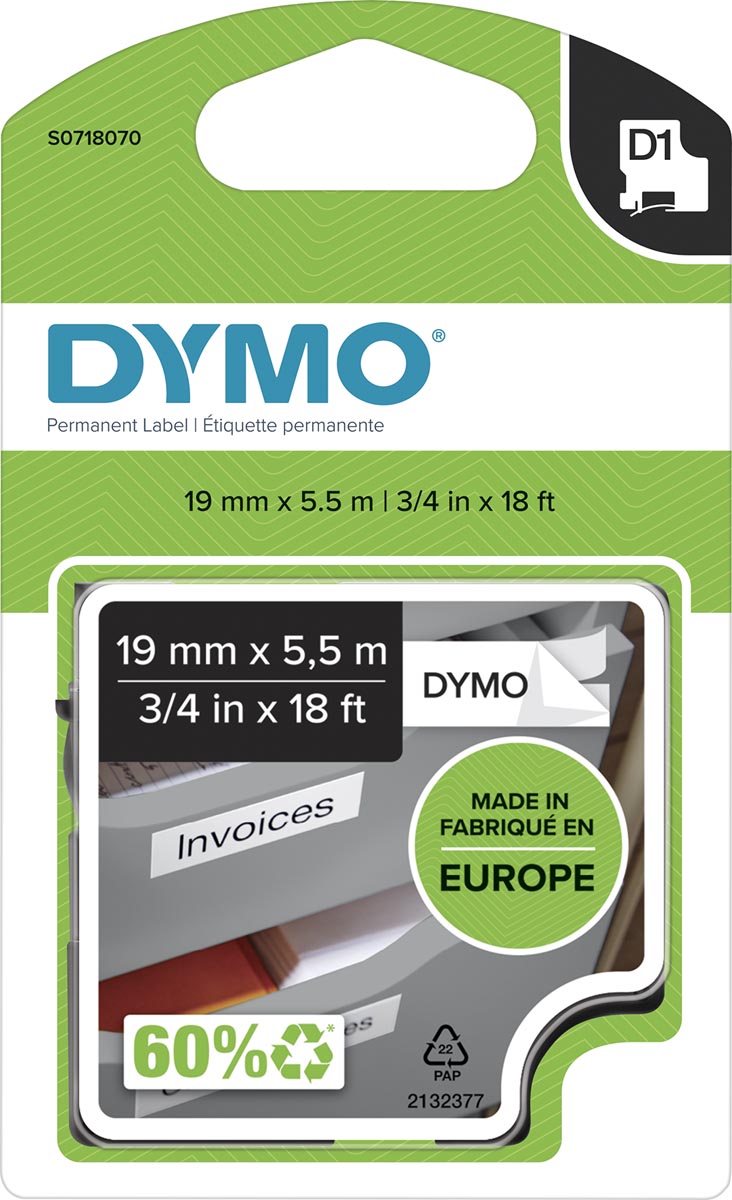 Dymo D1 permanente polyestertape 19 mm, zwart op wit afbeelding