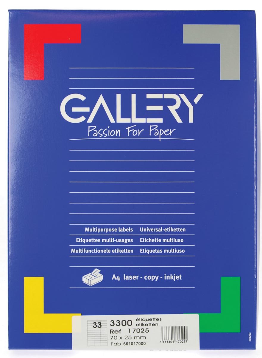 Gallery witte etiketten ft 70 x 25 mm (b x h), rechte hoeken, doos van 3.300 etiketten afbeelding