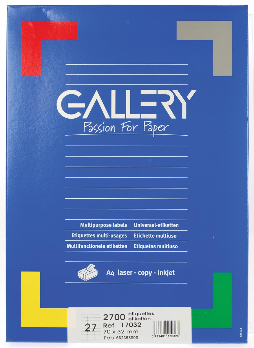 Gallery witte etiketten ft 70 x 32 mm (b x h), rechte hoeken, doos van 2.700 etiketten afbeelding