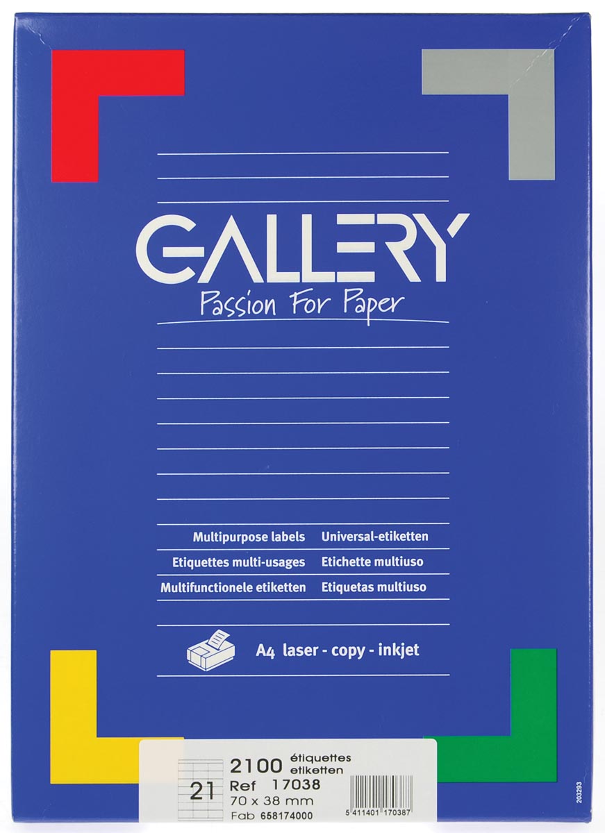 Gallery witte etiketten ft 70 x 38 mm (b x h), rechte hoeken, doos van 2.100 etiketten afbeelding