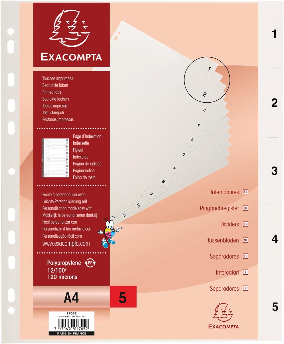Exacompta tabbladen numeriek voor ft A4, uit PP, 5 tabs, met indexblad, wit Exacompta tabbladen numeriek voor ft A4, uit PP, 5 tabs, met indexblad, wit