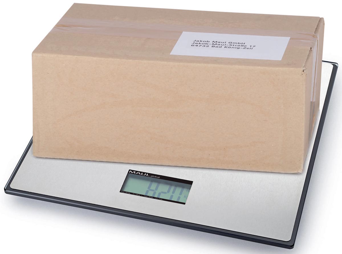MAUL pakketweegschaal Global 25kg ( /20gr) incl. batterij. Weegplateau 32x32cm, weegt kg en lb afbeelding