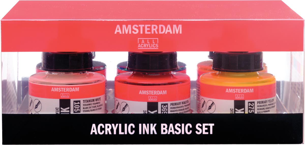 Amsterdam acryl inkt, set met 6 flacons van 30 ml, in geassorteerde kleuren