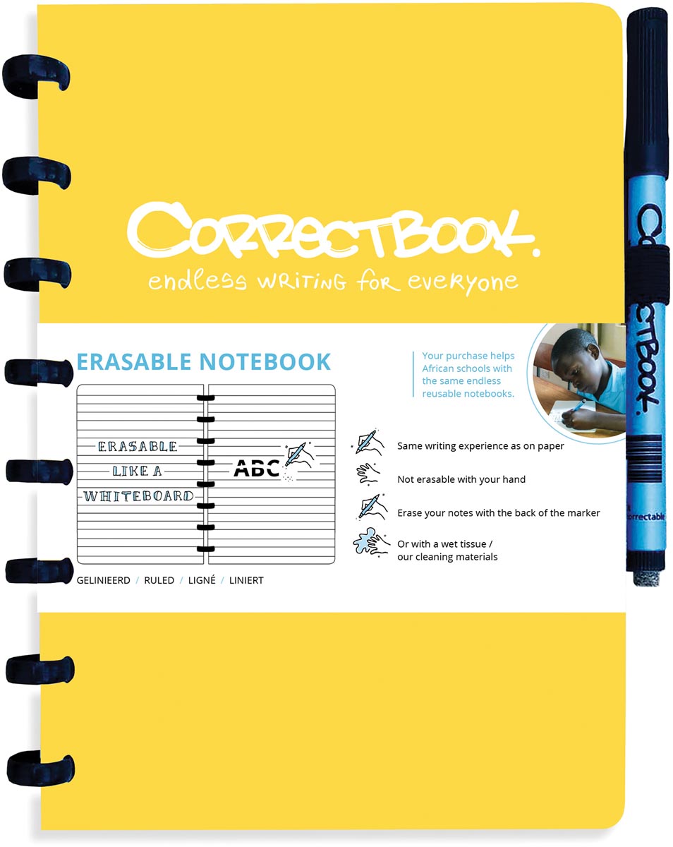 Correctbook A5 Original: uitwisbaar / herbruikbaar notitieboek, gelijnd, geel Correctbook A5 Original: uitwisbaar / herbruikbaar notitieboek, gelijnd, geel