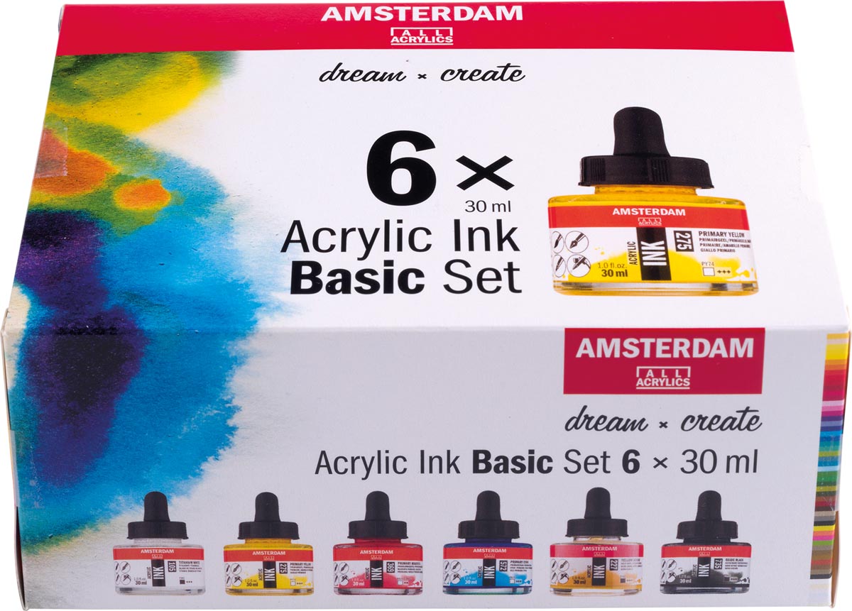 Amsterdam acryl inkt Bassisset, set met 6 flacons van 30 ml, assorti afbeelding