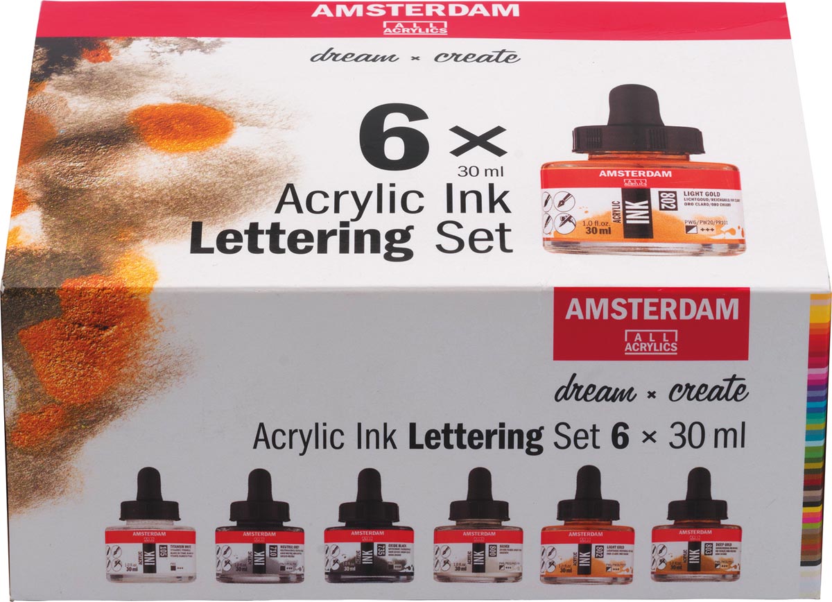 Afbeelding van Amsterdam acryl inkt Lettering, set met 6 flacons van 30 ml, assorti