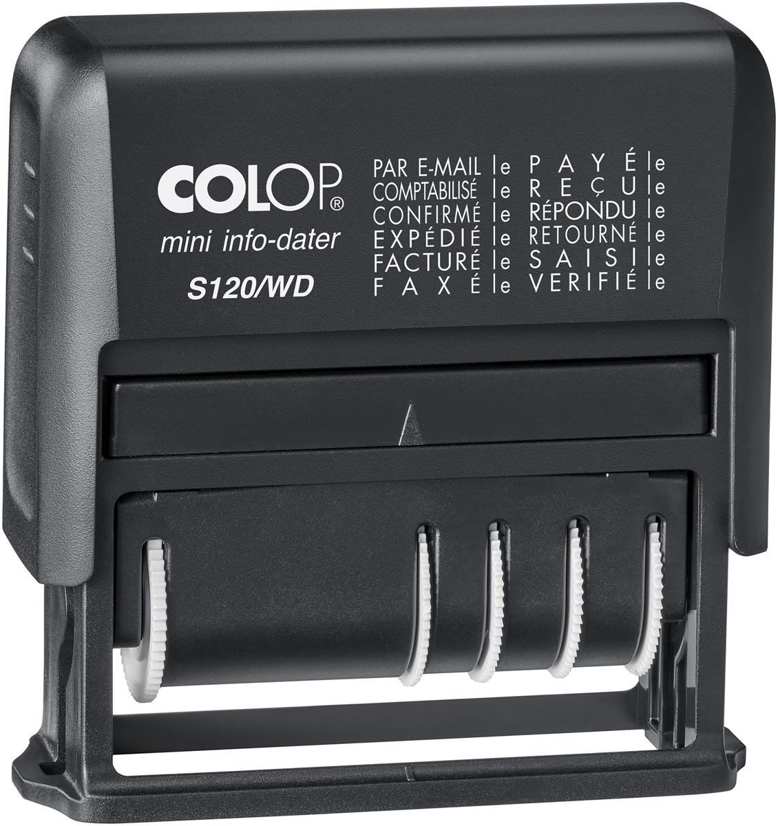 Colop tekststempel Mini-Info Dater S 120/WD, met datum en 12 verschillende woorden, frans