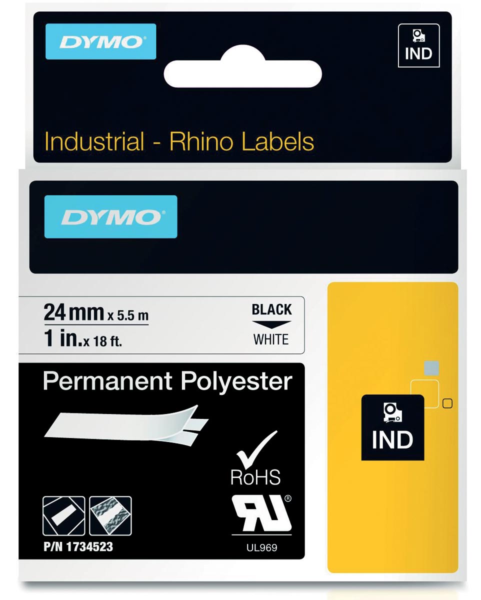 Dymo RHINO vinyltape 24 mm, zwart op wit afbeelding