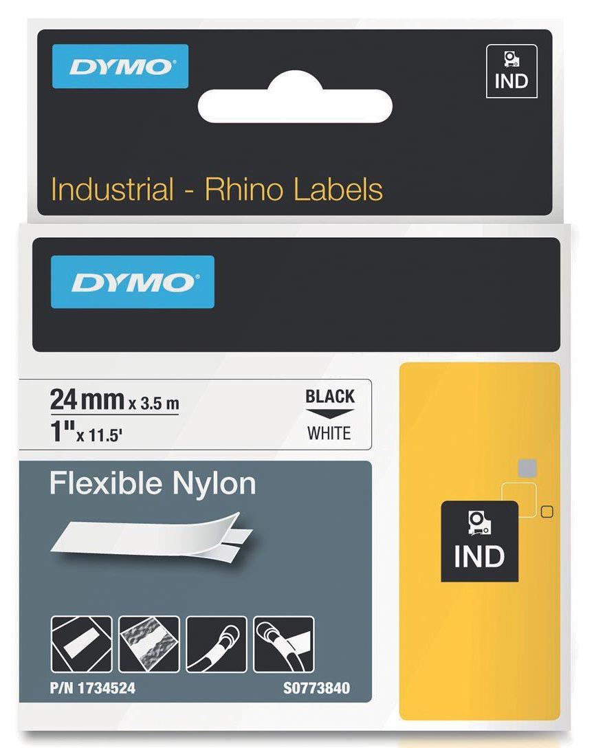 Dymo RHINO flexibele nylontape 24 mm, zwart op wit