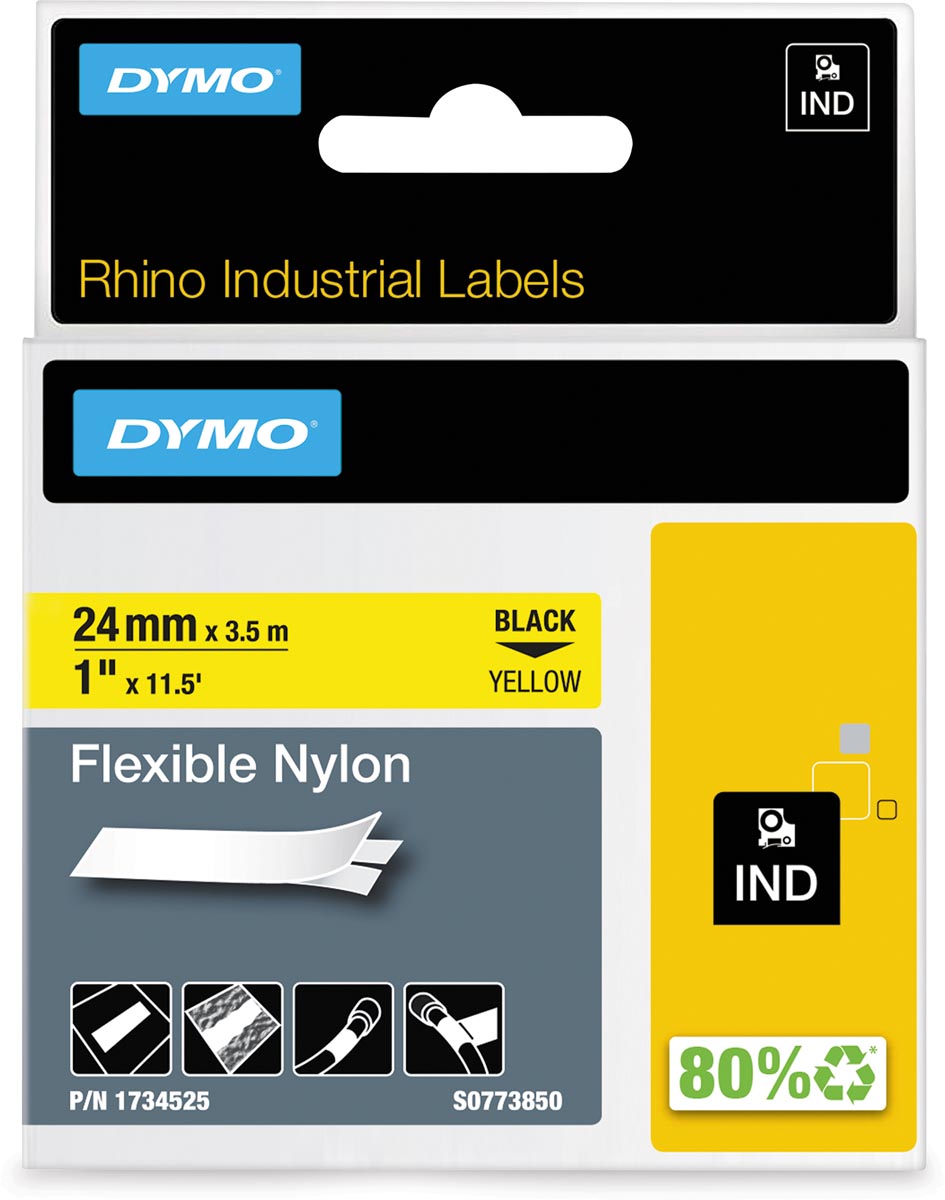 Dymo RHINO flexibele nylontape 24 mm, zwart op geel