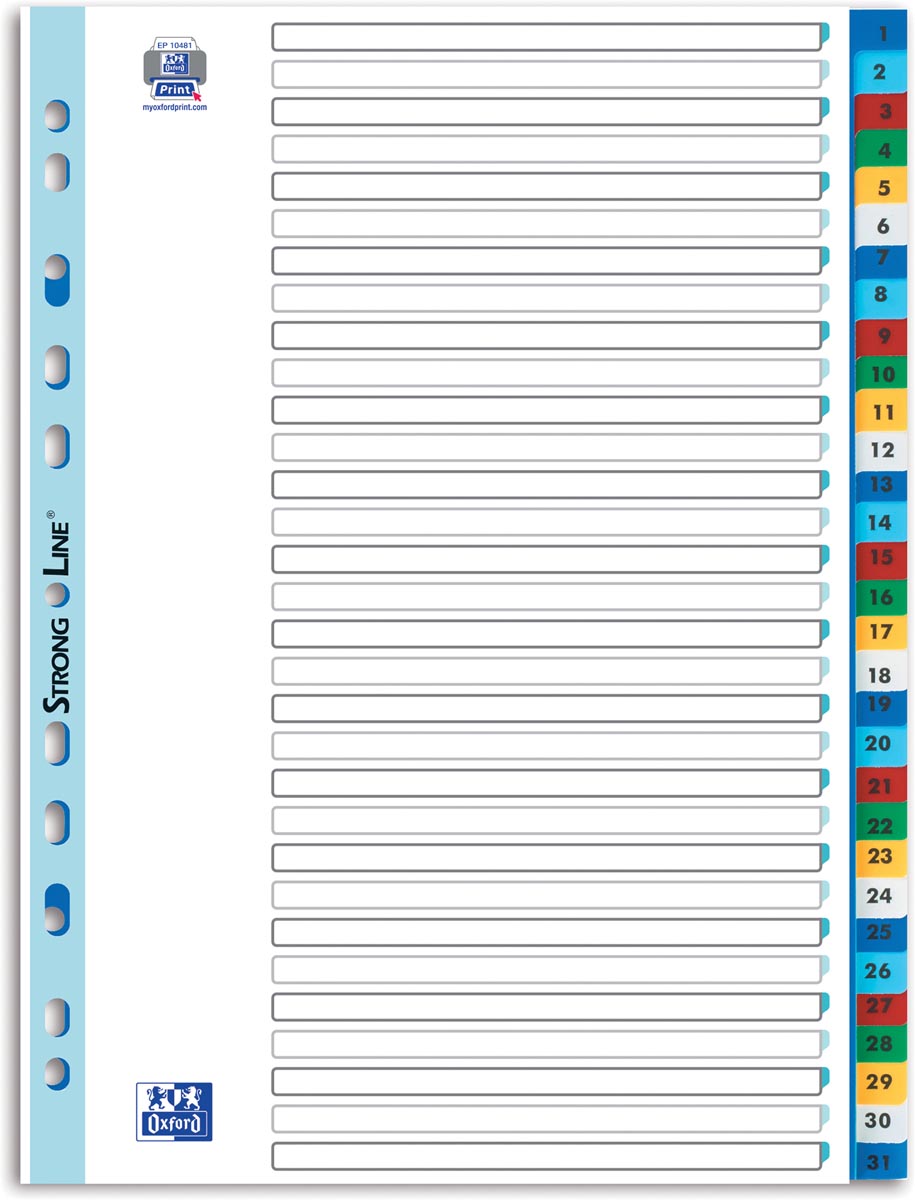 OXFORD tabbladen, formaat A4, uit PP, 11-gaatsperforatie, gekleurde tabs, set 1-31