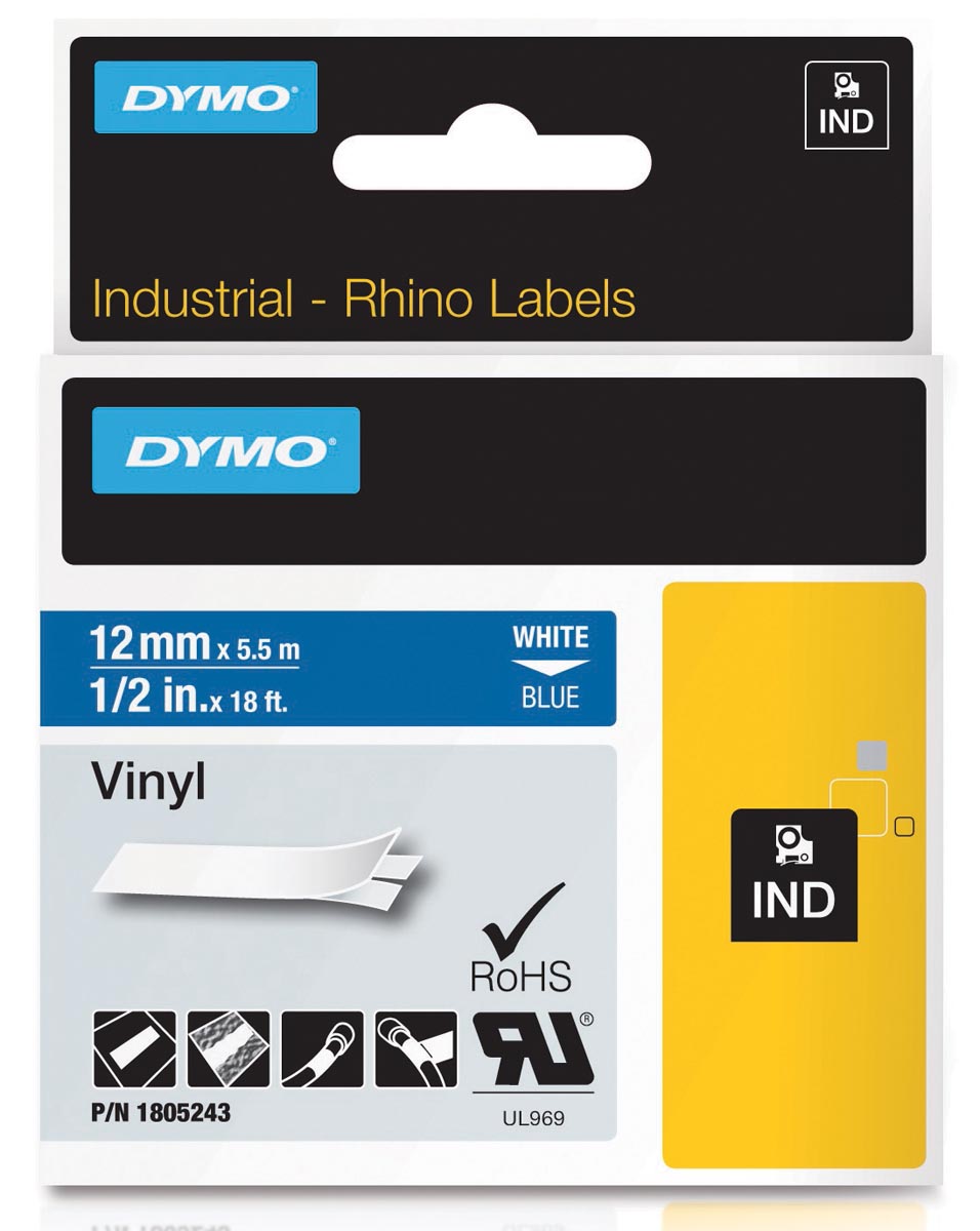 Dymo RHINO vinyltape 12 mm, wit op blauw afbeelding