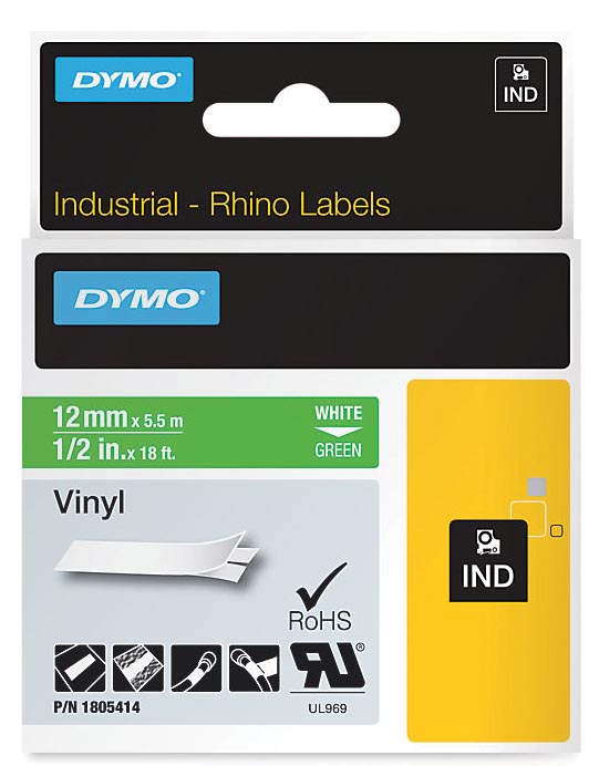 Dymo RHINO vinyltape 12 mm, wit op groen afbeelding