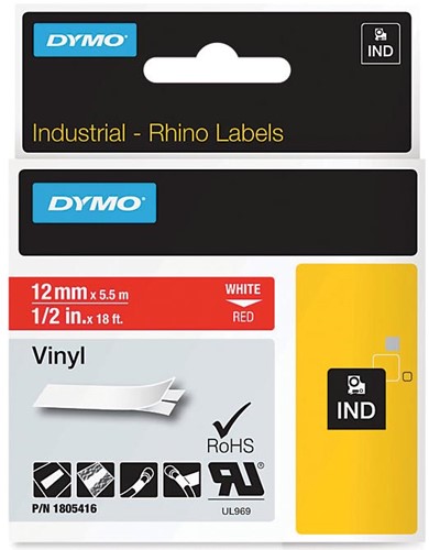 Dymo RHINO vinyltape 12 mm, wit op rood